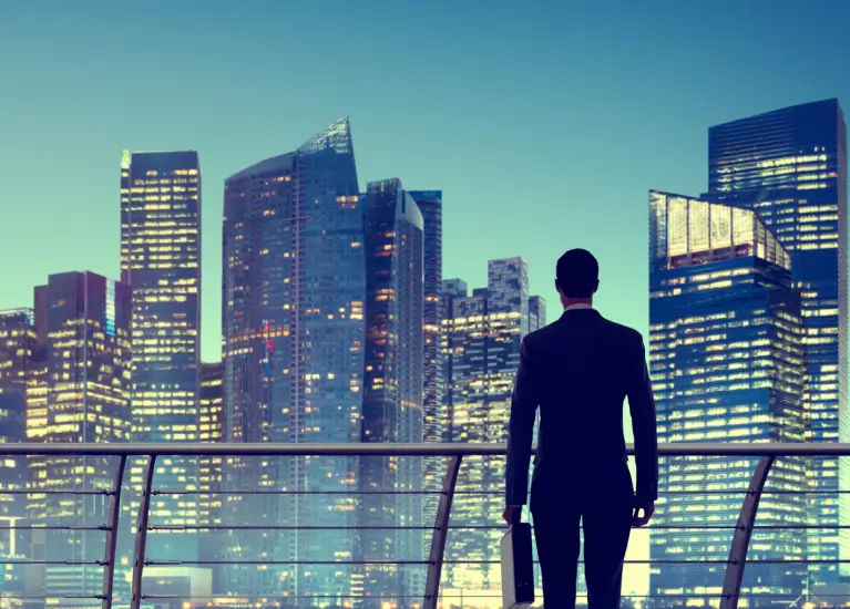 
a city skyline with a railing