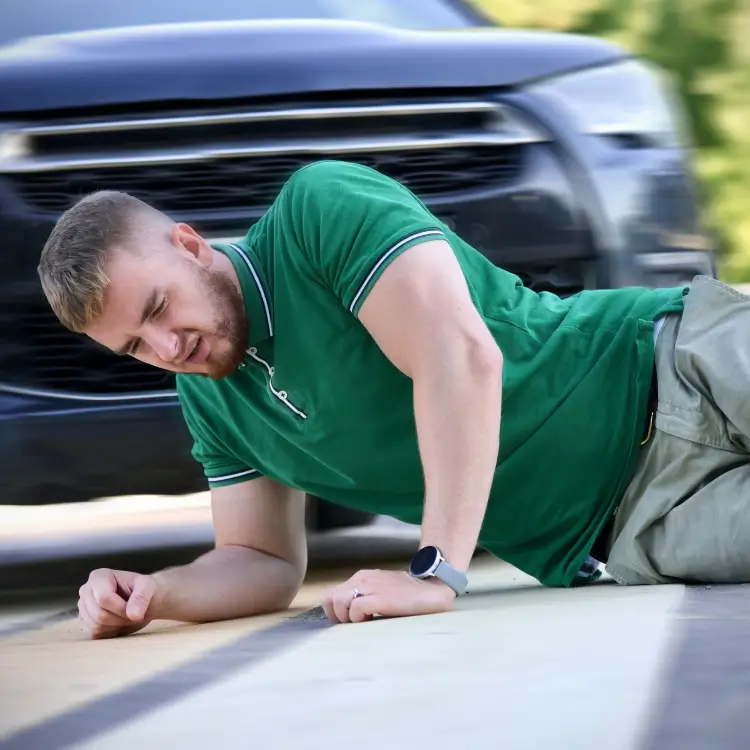 a man in green shirt laying on the ground next to a car