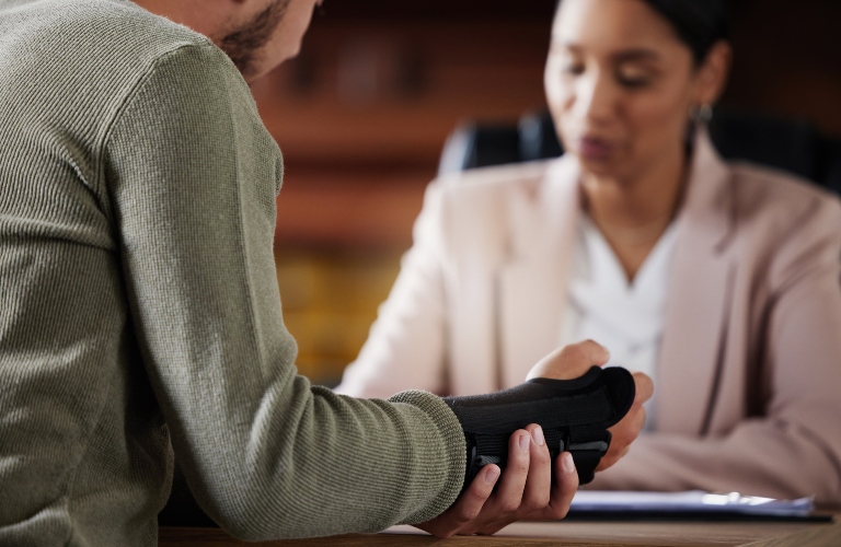 man with plaster on arm consults with lawyer