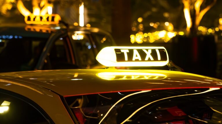 yellow taxi cab with a lit-up TAXI sign on the roof